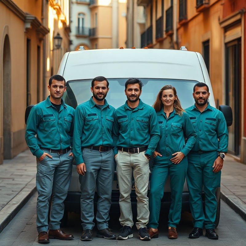 Equipo de técnicos de Grupo de Sevilla junto a la furgoneta de la empresa en una calle sevillana
