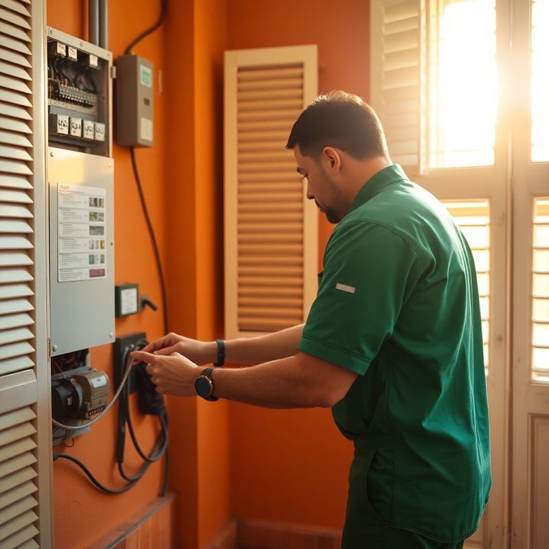 Técnico de Grupo de Sevilla inspeccionando un cuadro eléctrico en un piso sevillano